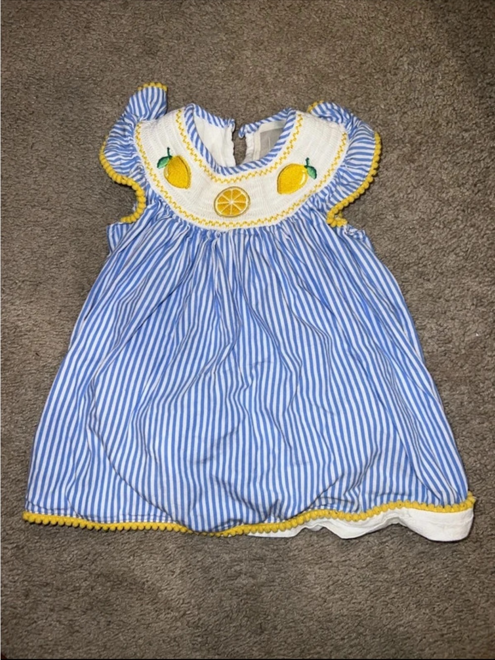 Blue & White Striped Girls' Lemon Embroidered Casual Dress